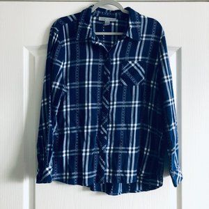 Confess Navy White Ethnic Embroidered Womens Cotton Plaid  Plaid Shirt Size XL